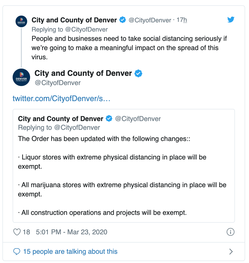 Tweet from City and County of Denver about COVID social distancing